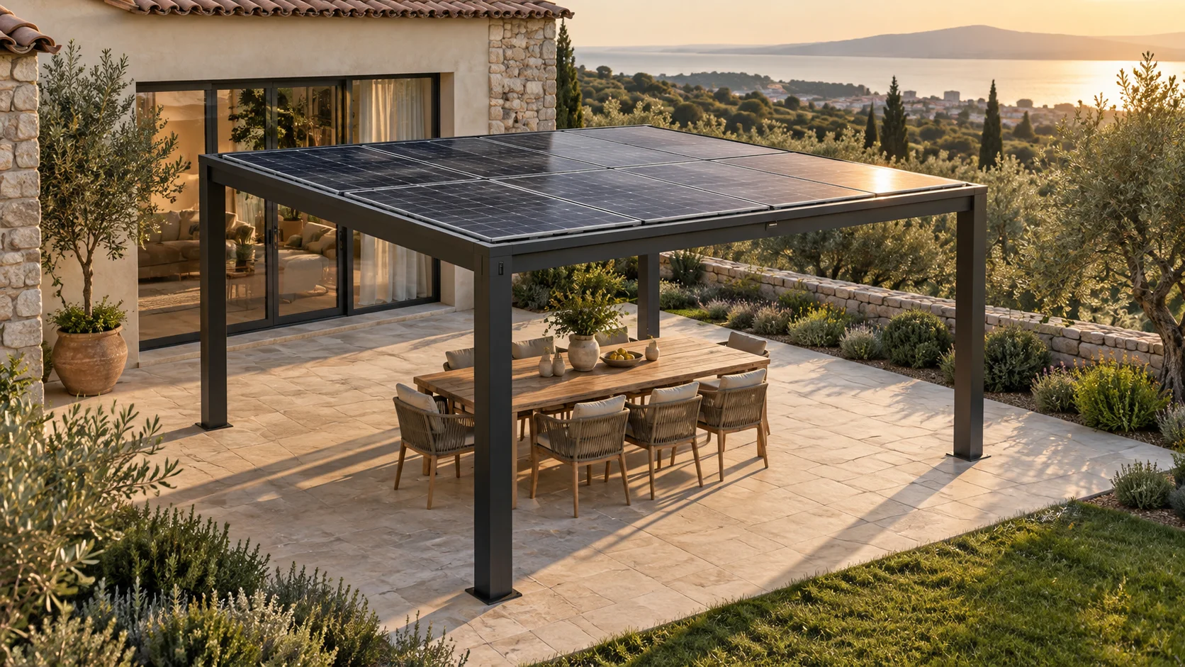 Proposta illustrativa di una pergola con pannelli fotovoltaici sopra una zona pranzo all’aperto