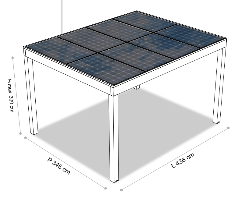 Disegno quotato PERGOVOLT in alluminio 4,36 × 3,46 m, 8 moduli