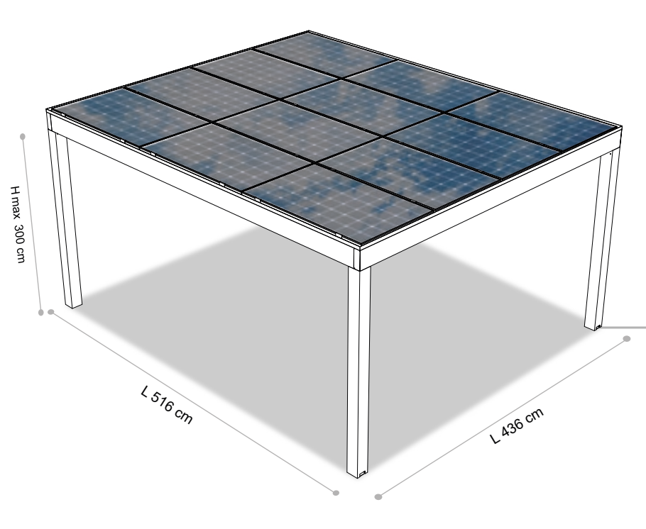 Disegno quotato PERGOVOLT in alluminio 4,36 × 5,16 m, 12 moduli