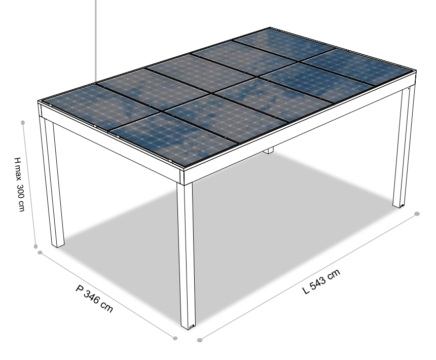 Disegno quotato PERGOVOLT in alluminio 5,43 × 3,46 m, 10 moduli
