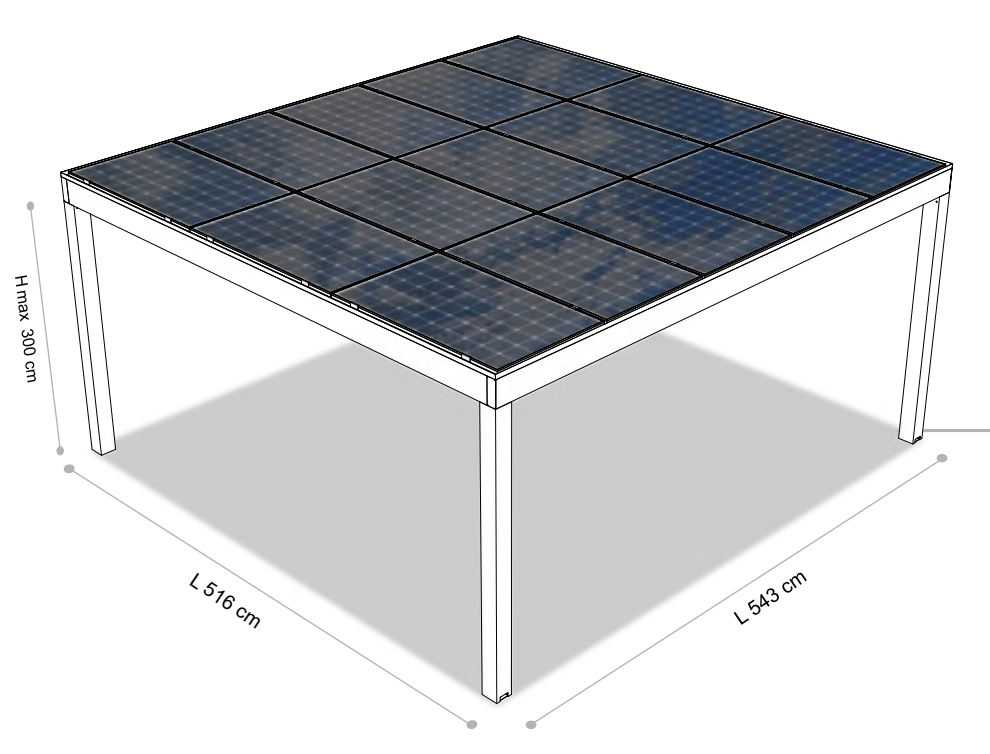 Disegno quotato PERGOVOLT in alluminio 5,43 × 5,16 m, 15 moduli